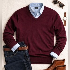 J.Crew Burgundy Cotton Cashmere V-Neck Sweater Men’s Large Soft Lightweight Knit